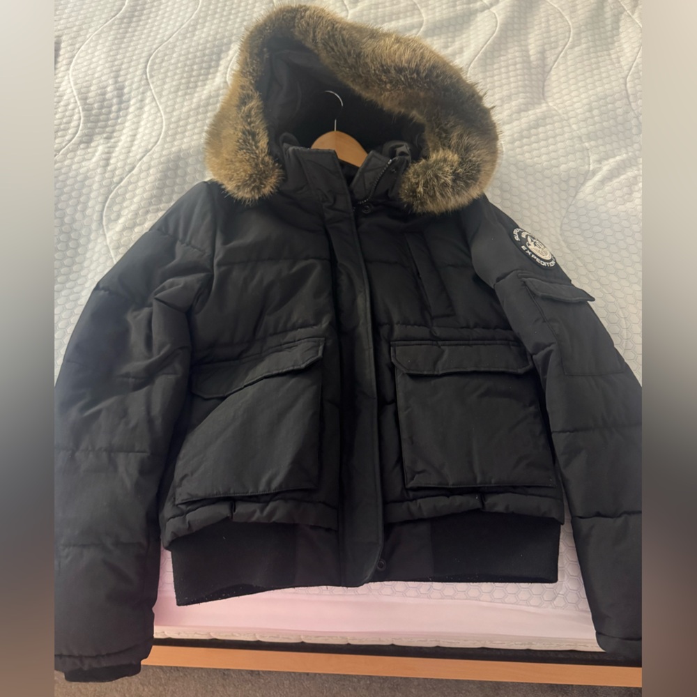 Super Dry Black Puffer Jacket with Fur Hood